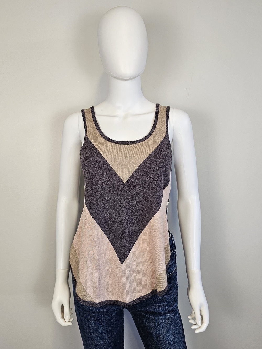 One Teaspoon Chevron Colorblock Knit Tank in Beige and Dark Taupe Sz M